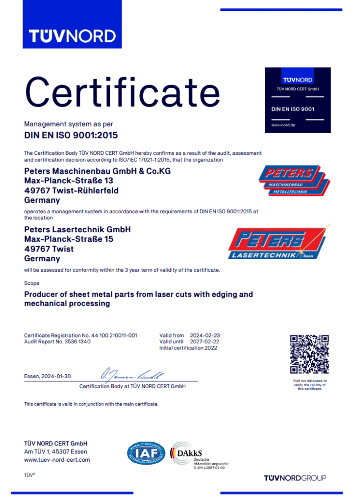 TÜV Certificate metal parts, Lasercuts